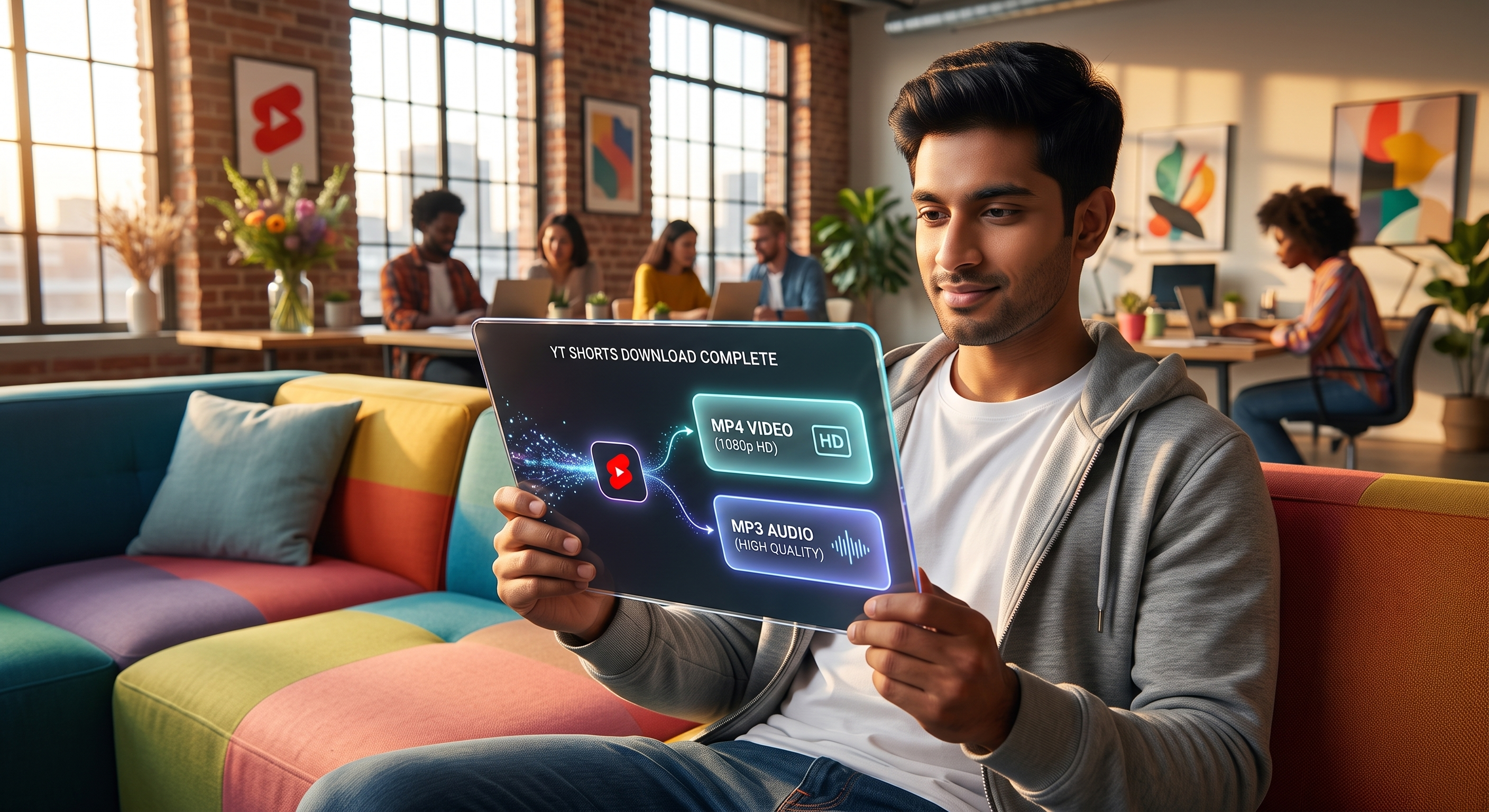 Indian man moving from phone browsing to laptop saving in a soft daylight workspace